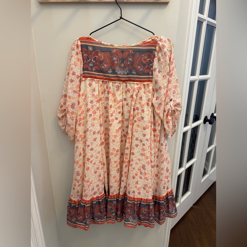 Free People Peach Floral Boho Midi Dress with Red and Navy Trim - Picture 7 of 8